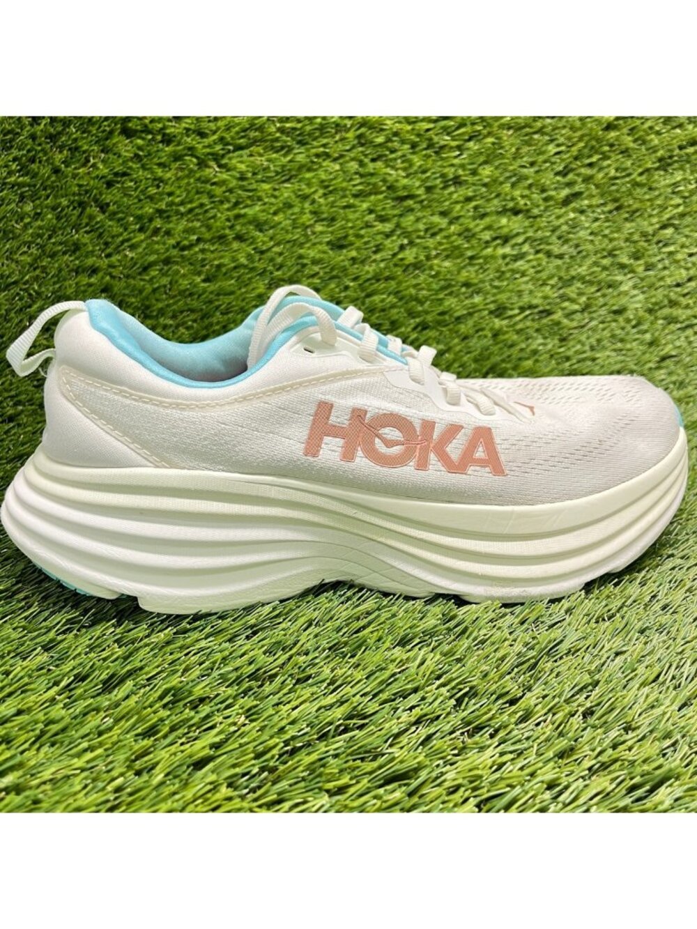 Hoka One One Bondi 8 Womens Size 9.5 White Blue Athletic Running Shoes Sneakers